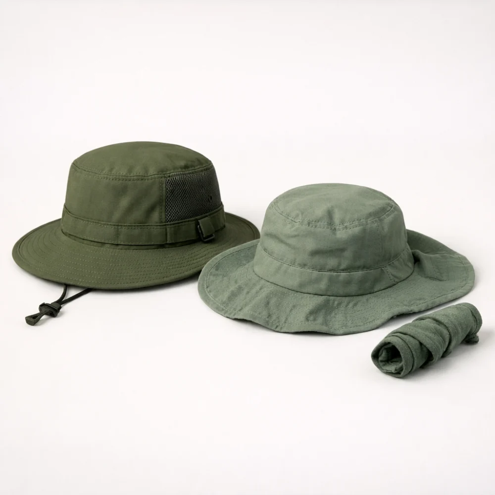 Two generic fishing hats showing different shapes and packability