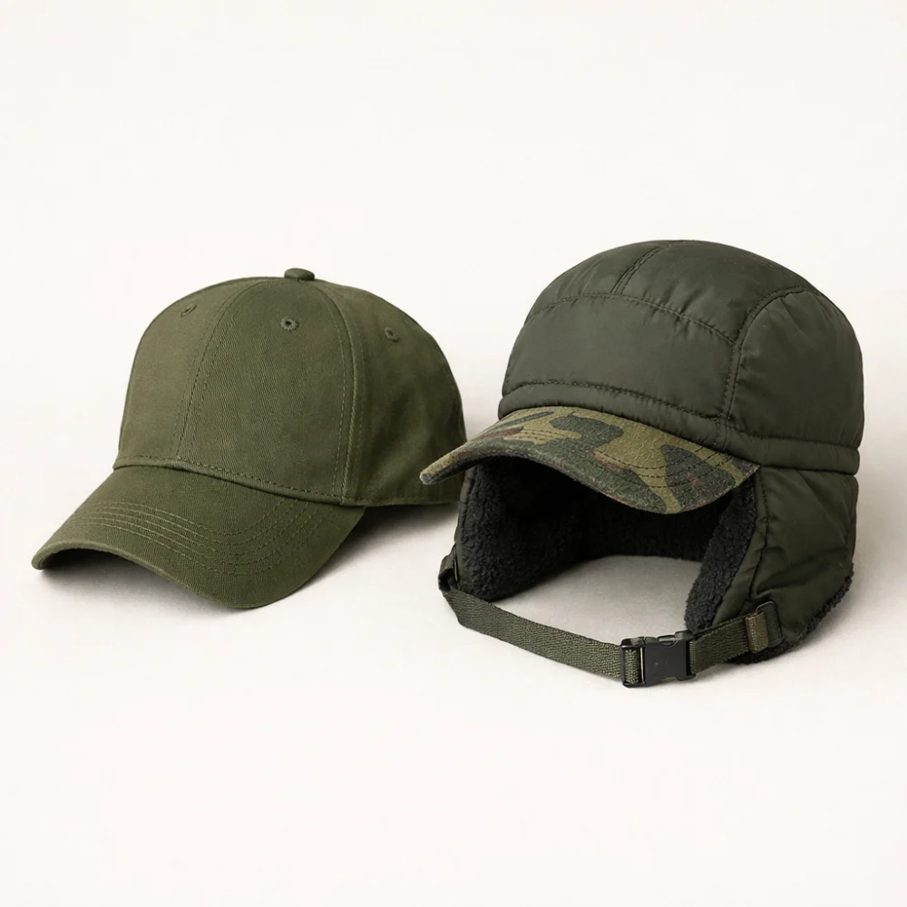 A fishing cap and a warmer hat arranged on a plain background