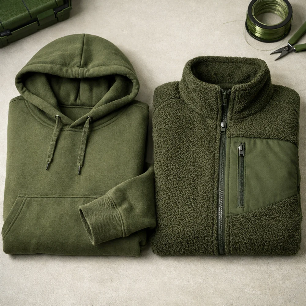 Fishing hoodie and fleece laid out as layered outdoor clothing