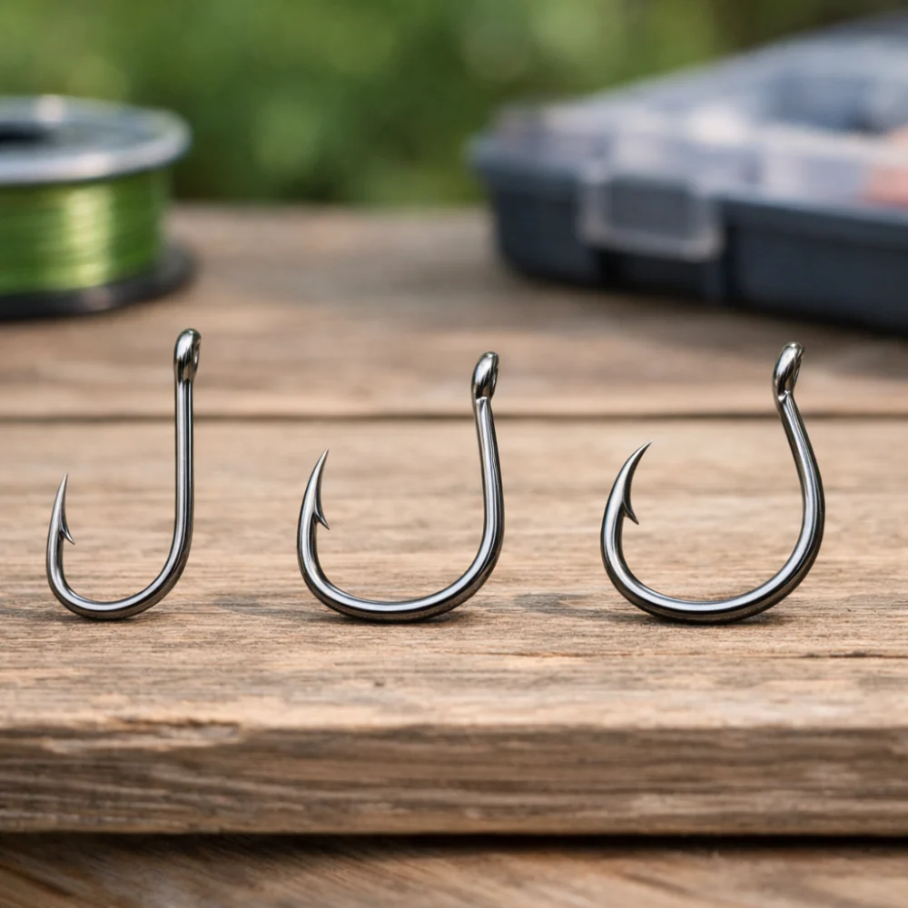 Three different fishing hook shapes shown side by side