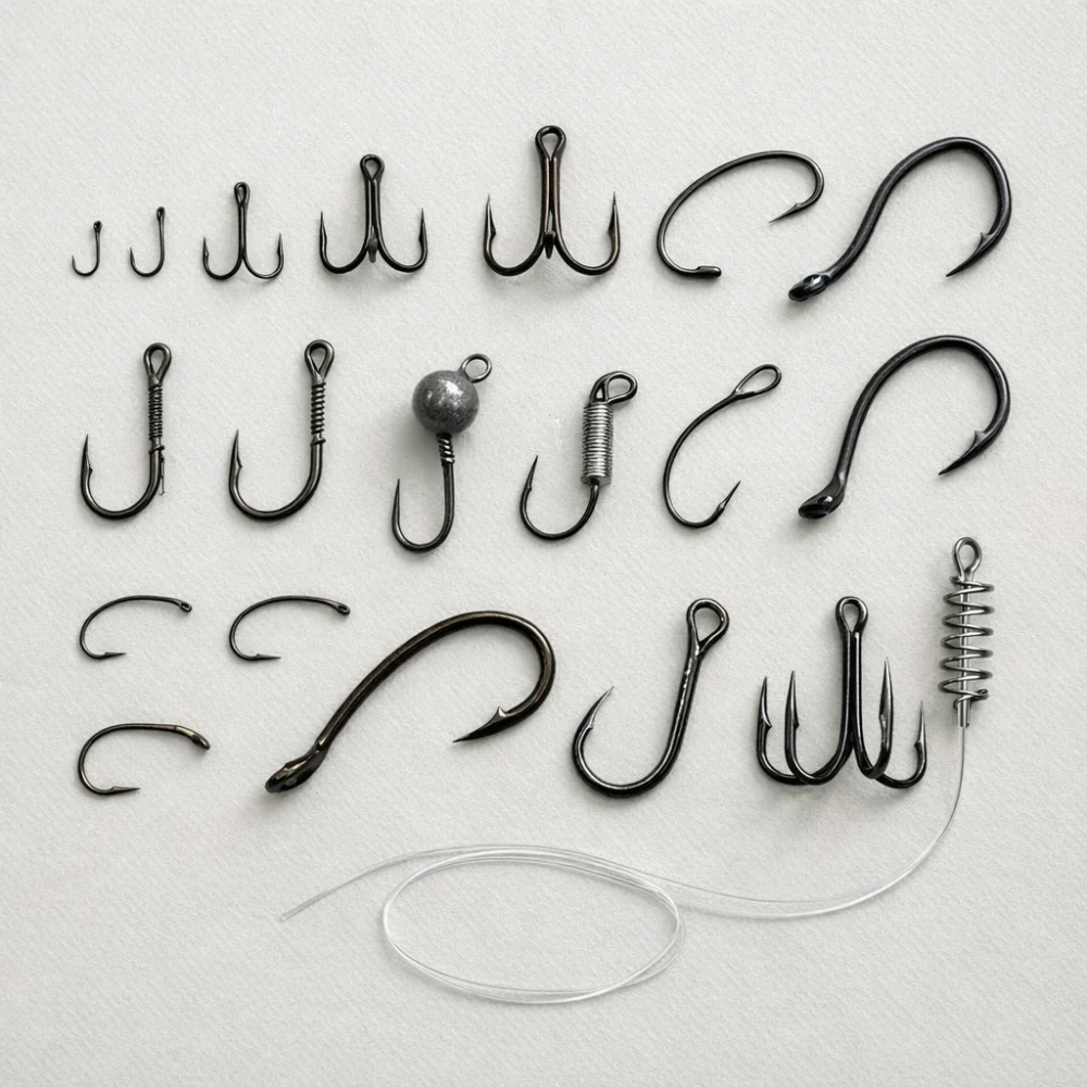 Assorted fishing hooks arranged on a neutral background