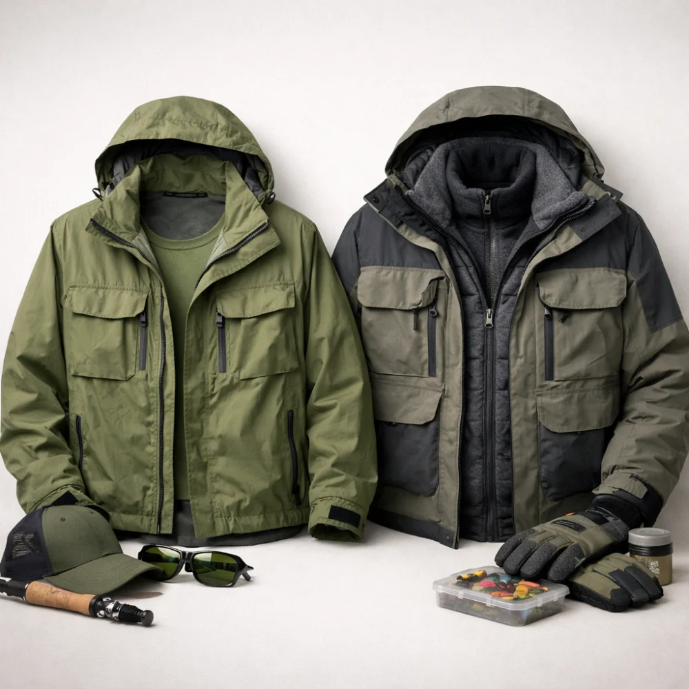Two fishing jackets shown side by side to illustrate different levels of warmth and bulk.
