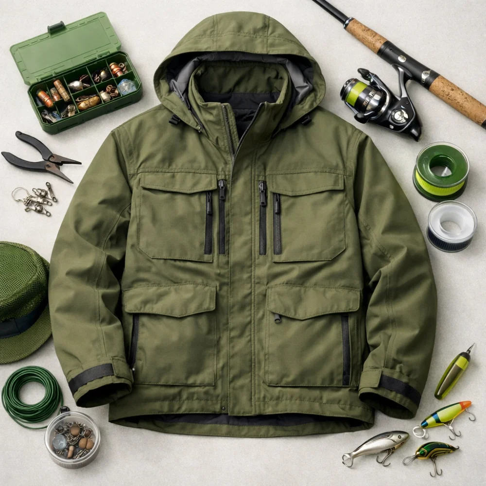 A fishing jacket displayed with simple outdoor angling items on a plain background.