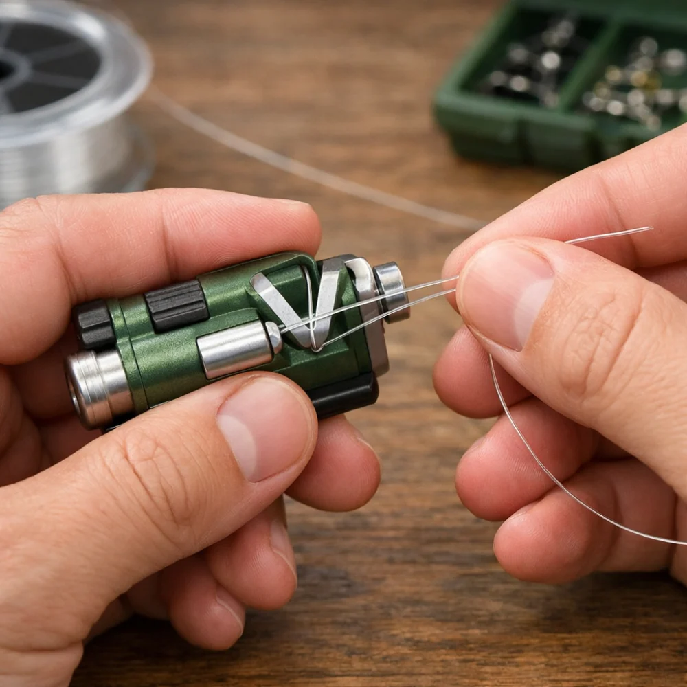 Hands using a fishing knot tying aid with line