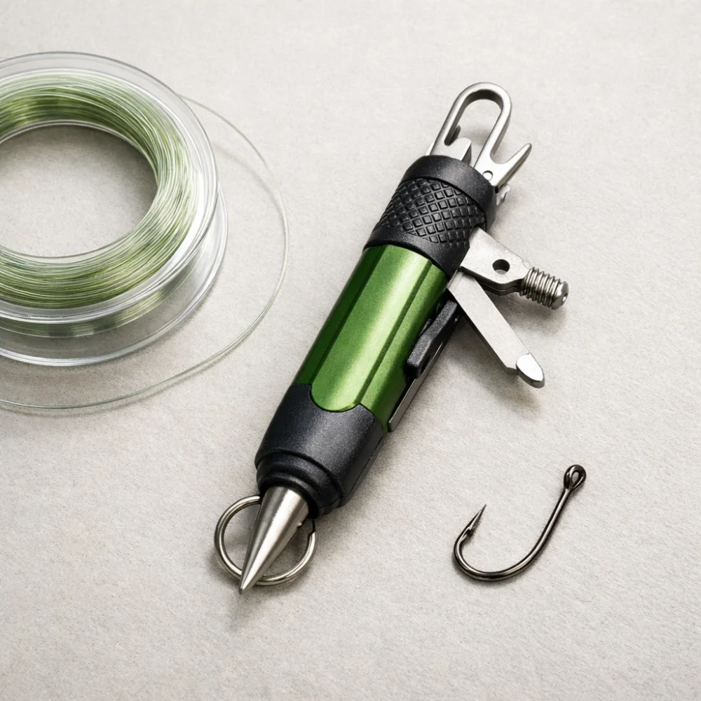 Fishing knot tool with line and hook on a neutral background