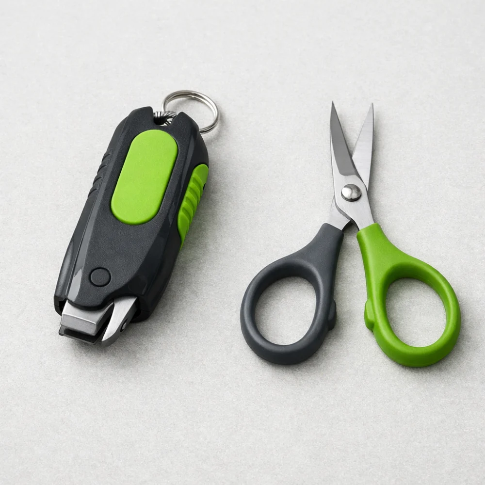 Two different fishing line cutting tools shown side by side for comparison.