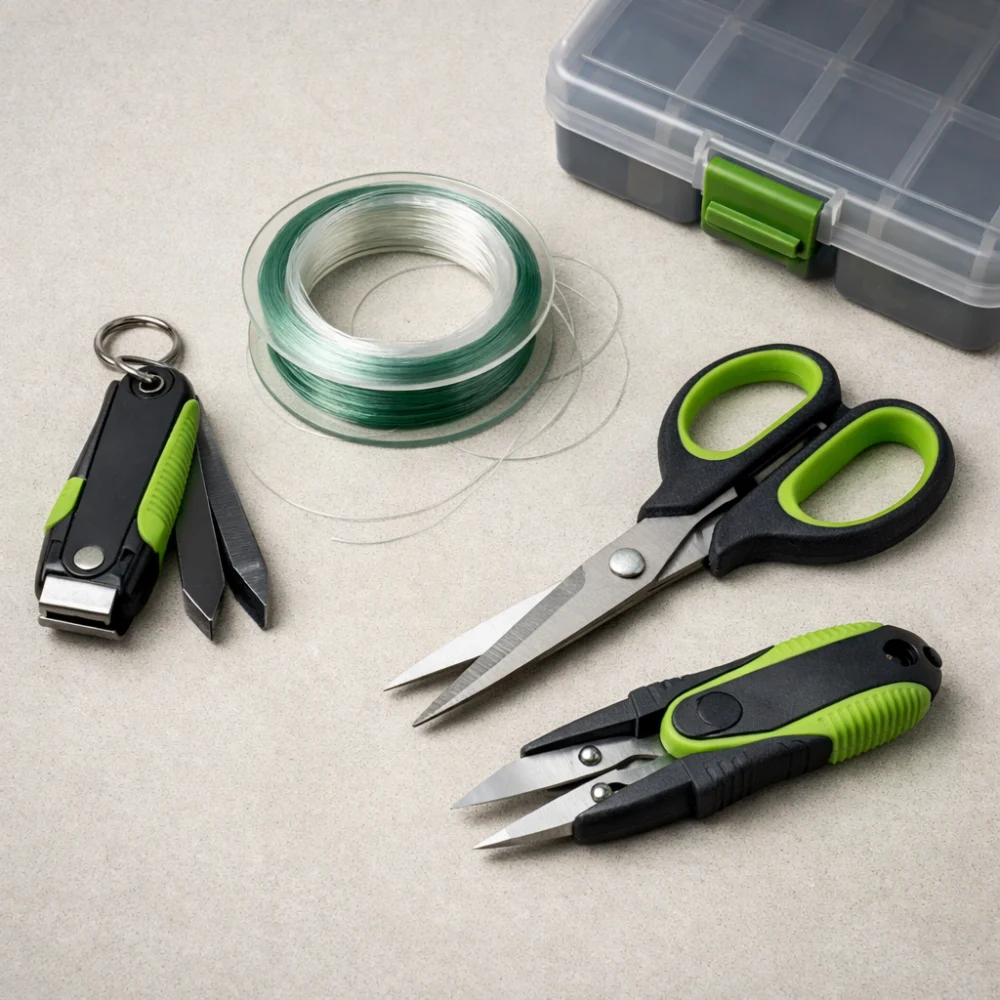Fishing line cutters and scissors with fishing line and a tackle tray on a neutral background.