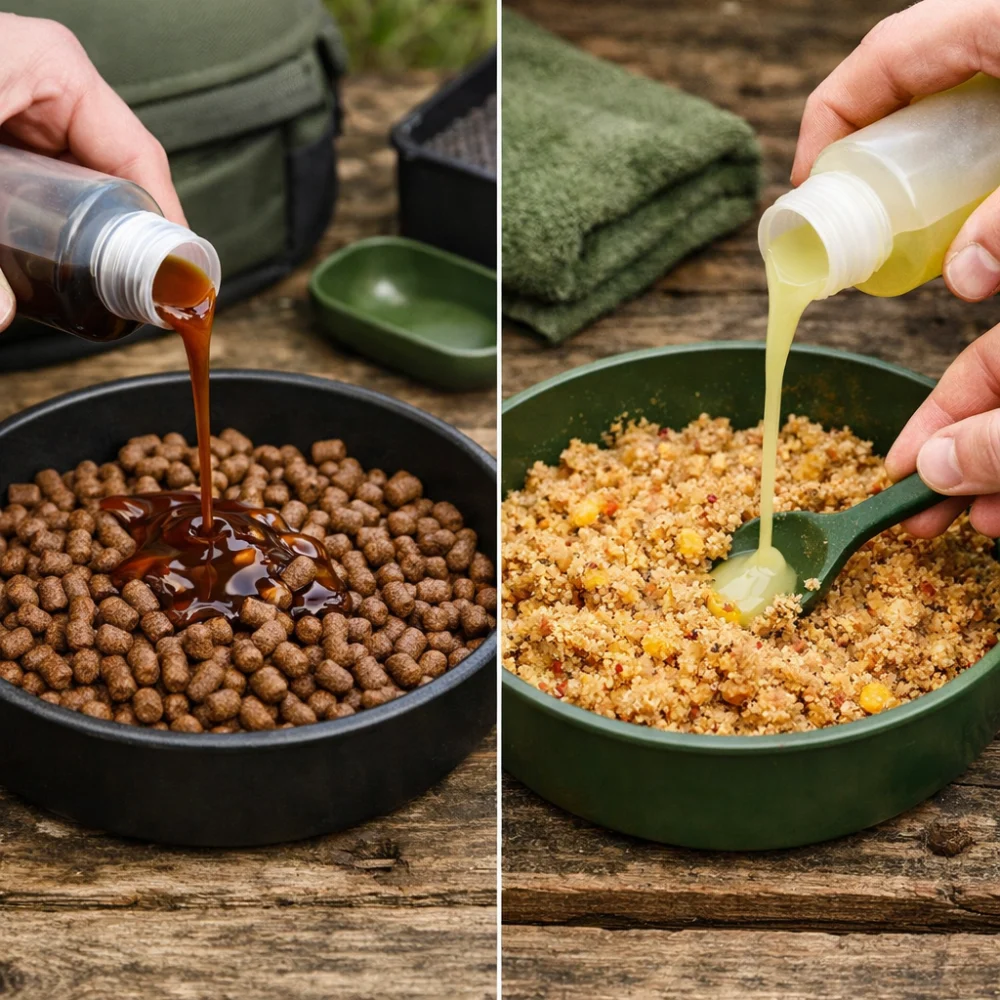 Fishing liquid attractant being used with pellets and groundbait