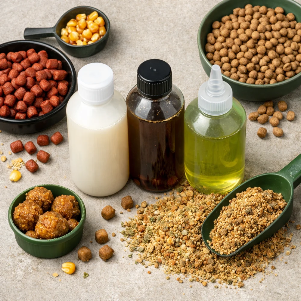 Generic fishing liquid attractant bottles with bait ingredients on a neutral background