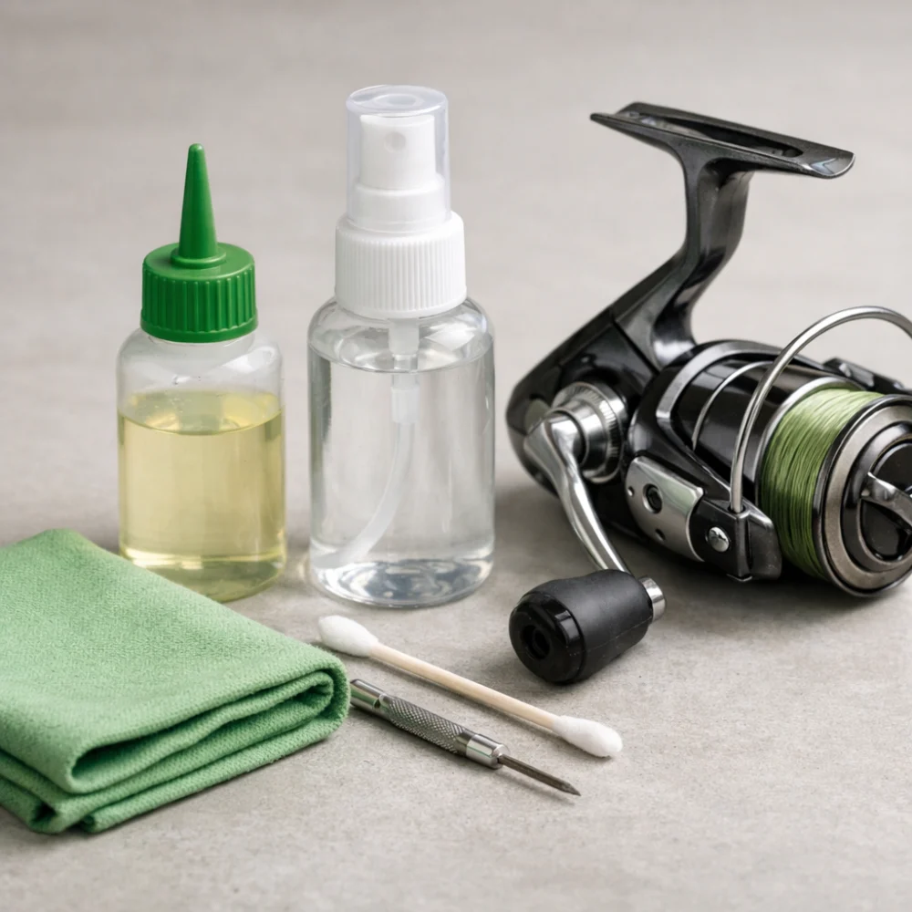 Fishing reel maintenance items with lubricant, cleaner and a reel on a neutral surface.