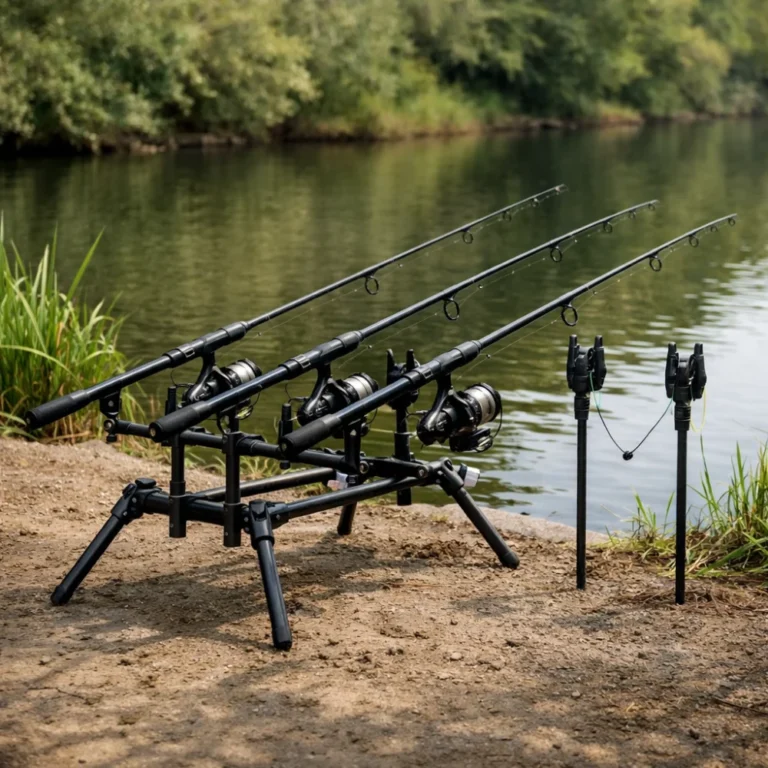 Fishing rod pod and banksticks set up on a riverbank