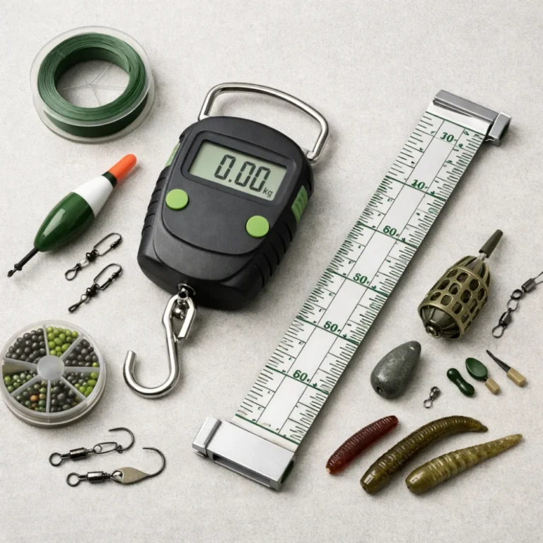 Fishing scale and ruler arranged with simple angling tackle on a neutral background.