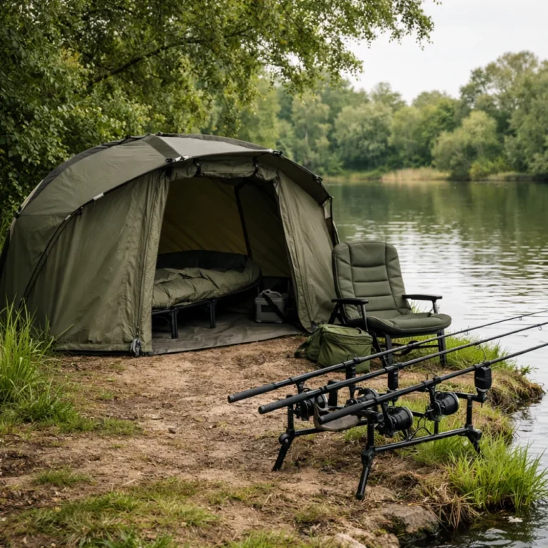 Fishing shelter on a riverbank beside angling gear