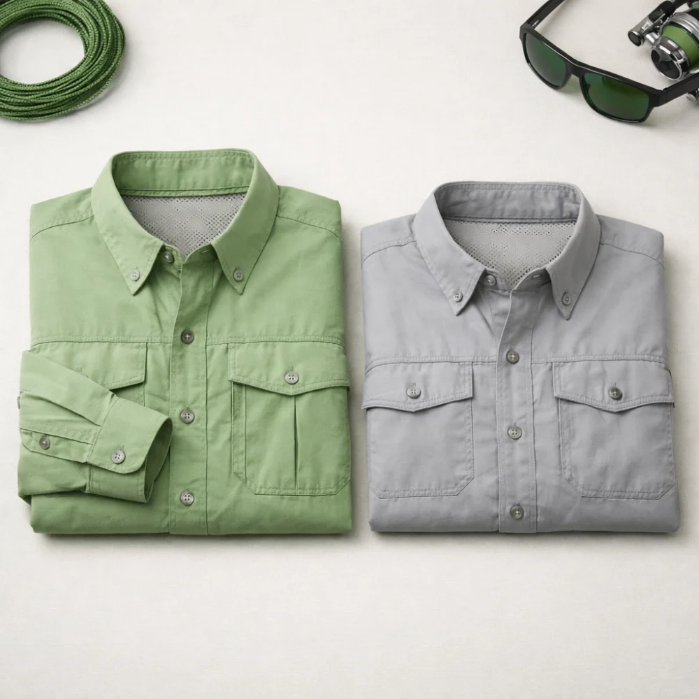 Long sleeve and short sleeve fishing shirts shown side by side