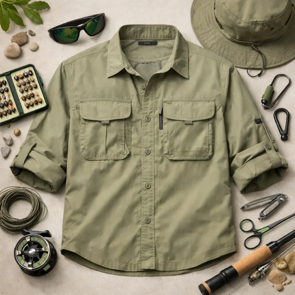 Fishing shirt laid out with simple outdoor gear on a neutral background