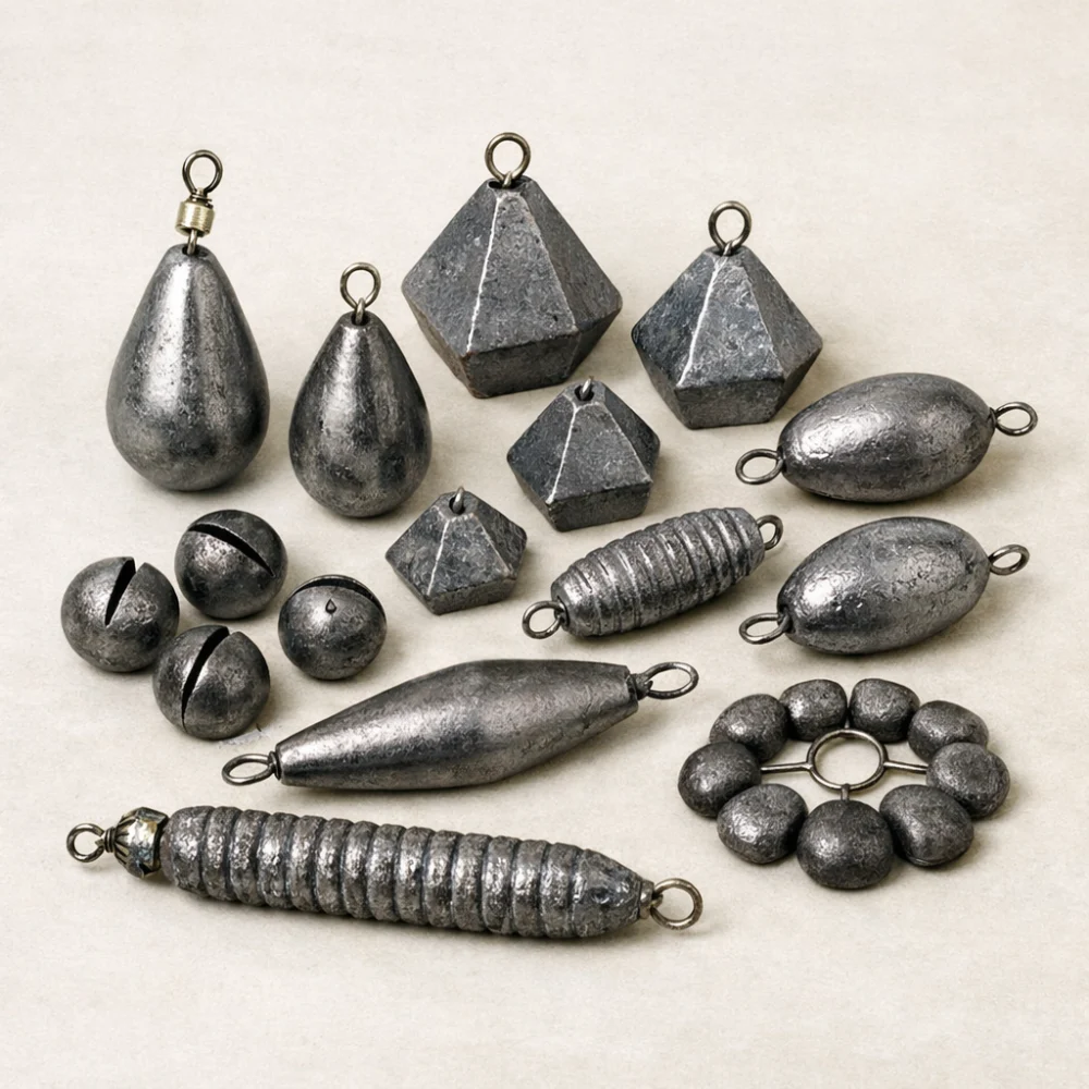 Assorted fishing sinkers and weights arranged on a plain background.