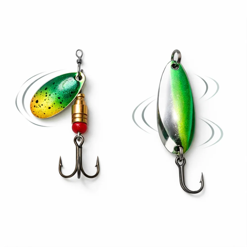 Spinner and spoon lure shapes compared side by side