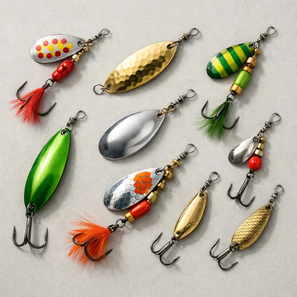 Assorted fishing spinners and spoons on a neutral background