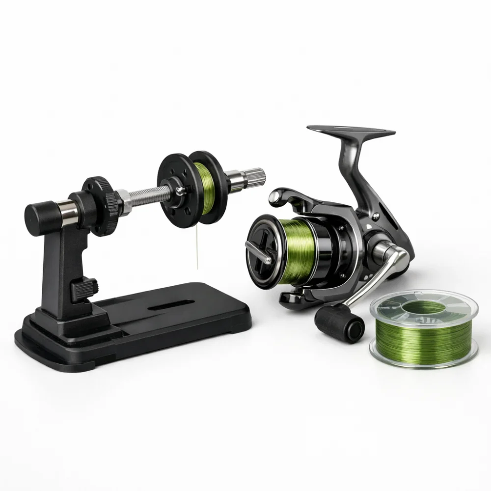 Fishing spooler and winder tool with a reel and line spool on a plain background