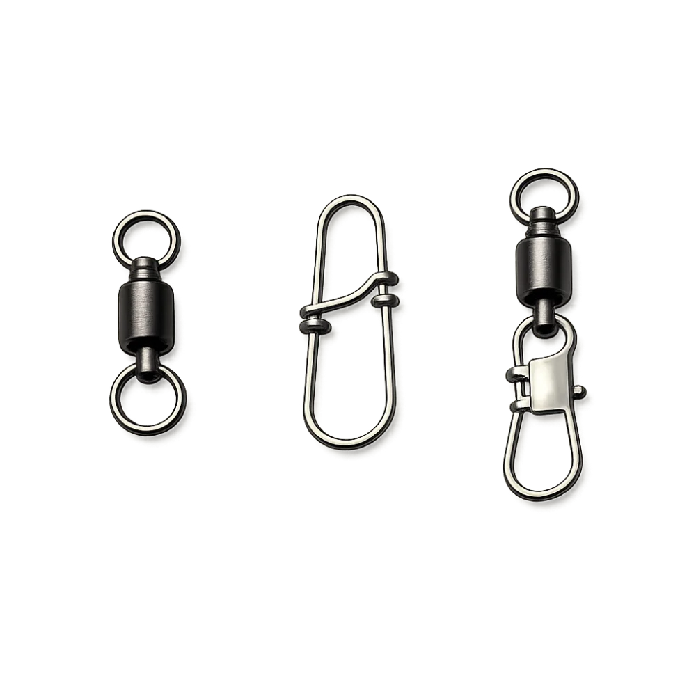 Three generic terminal tackle pieces showing a swivel, a snap and a snap swivel