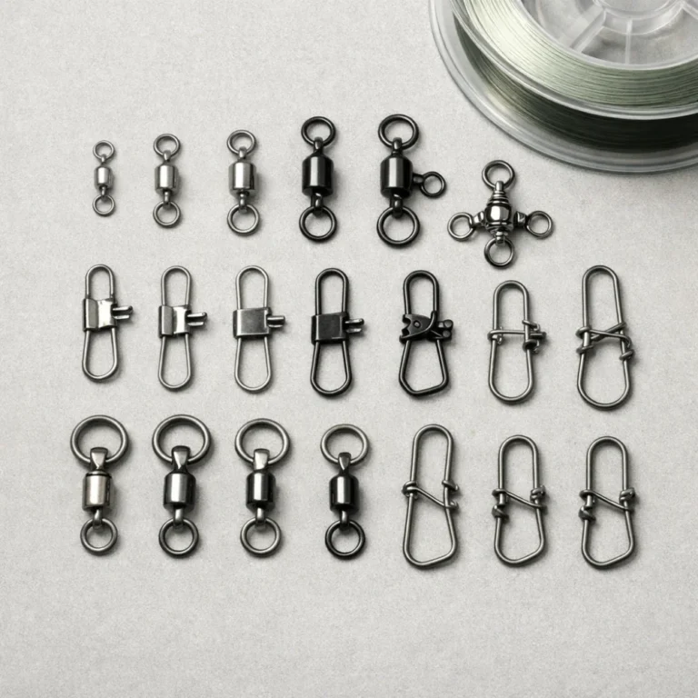 Assorted fishing swivels and snaps arranged beside fishing line