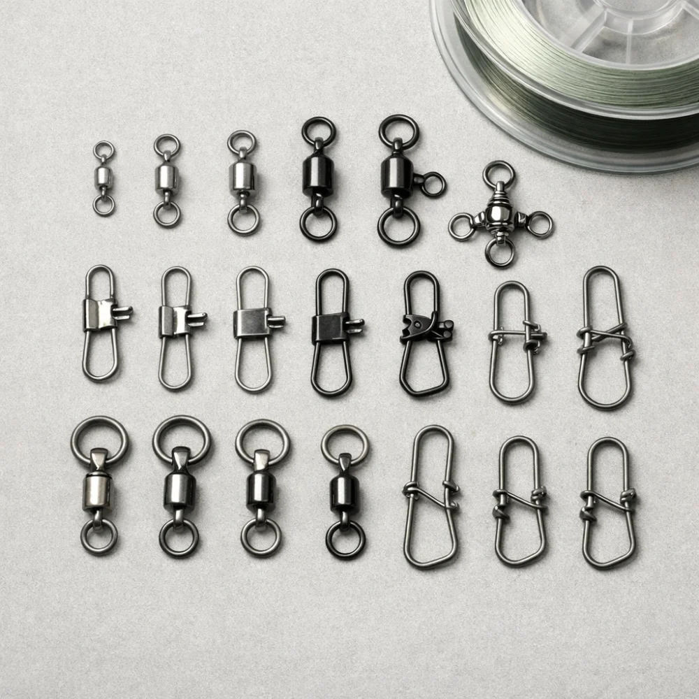 Assorted fishing swivels and snaps arranged beside fishing line