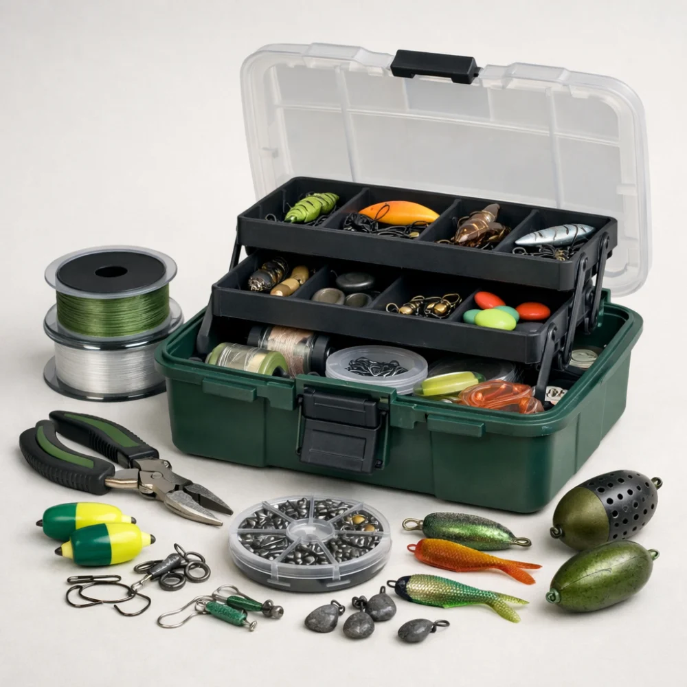 An open fishing tackle box with neatly arranged small fishing accessories on a plain background.