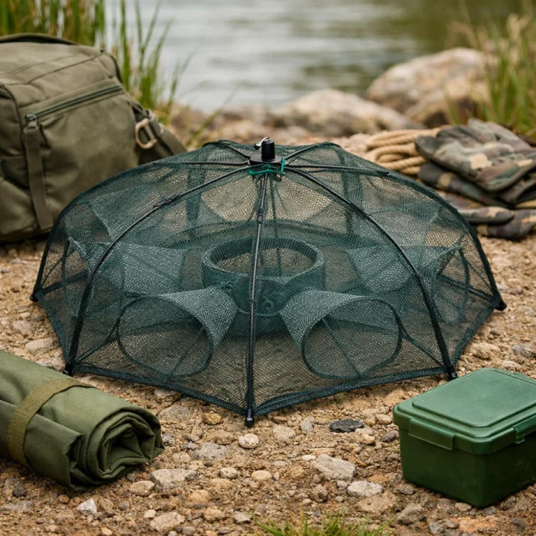 A fishing trap shown in a simple outdoor product-style scene
