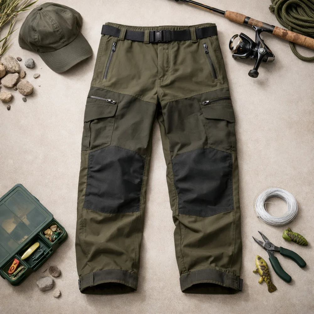 Generic fishing trousers displayed with simple outdoor fishing gear on a neutral background