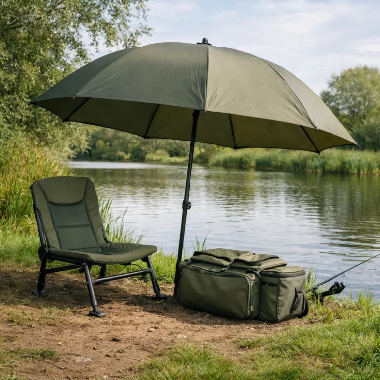 A fishing umbrella set up on a riverbank beside a chair and tackle bag
