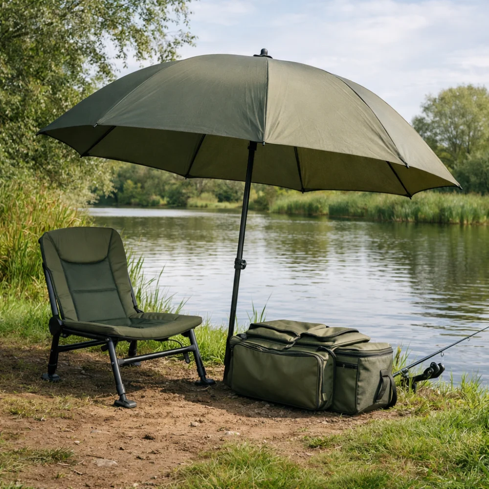 A fishing umbrella set up on a riverbank beside a chair and tackle bag