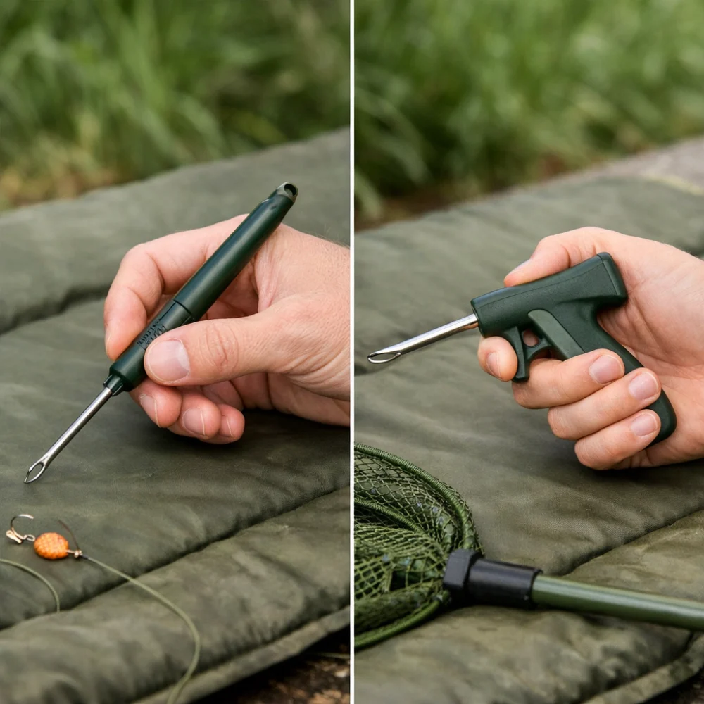 Two different fishing unhooking tool shapes shown side by side for comparison.