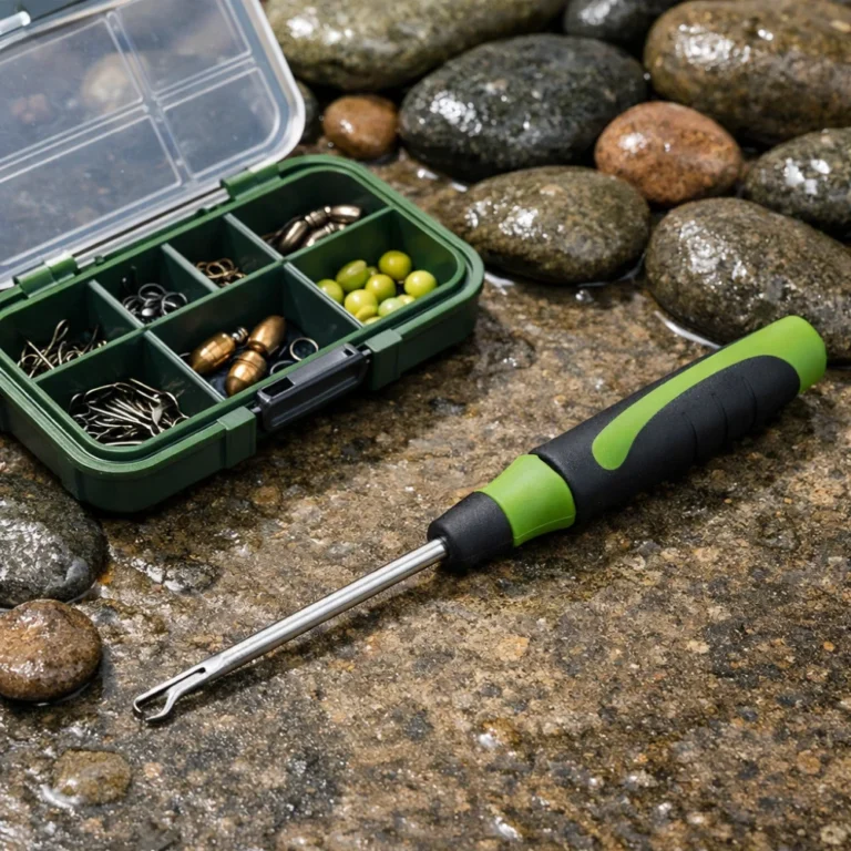 A fishing unhooking tool arranged beside basic tackle on a plain surface.