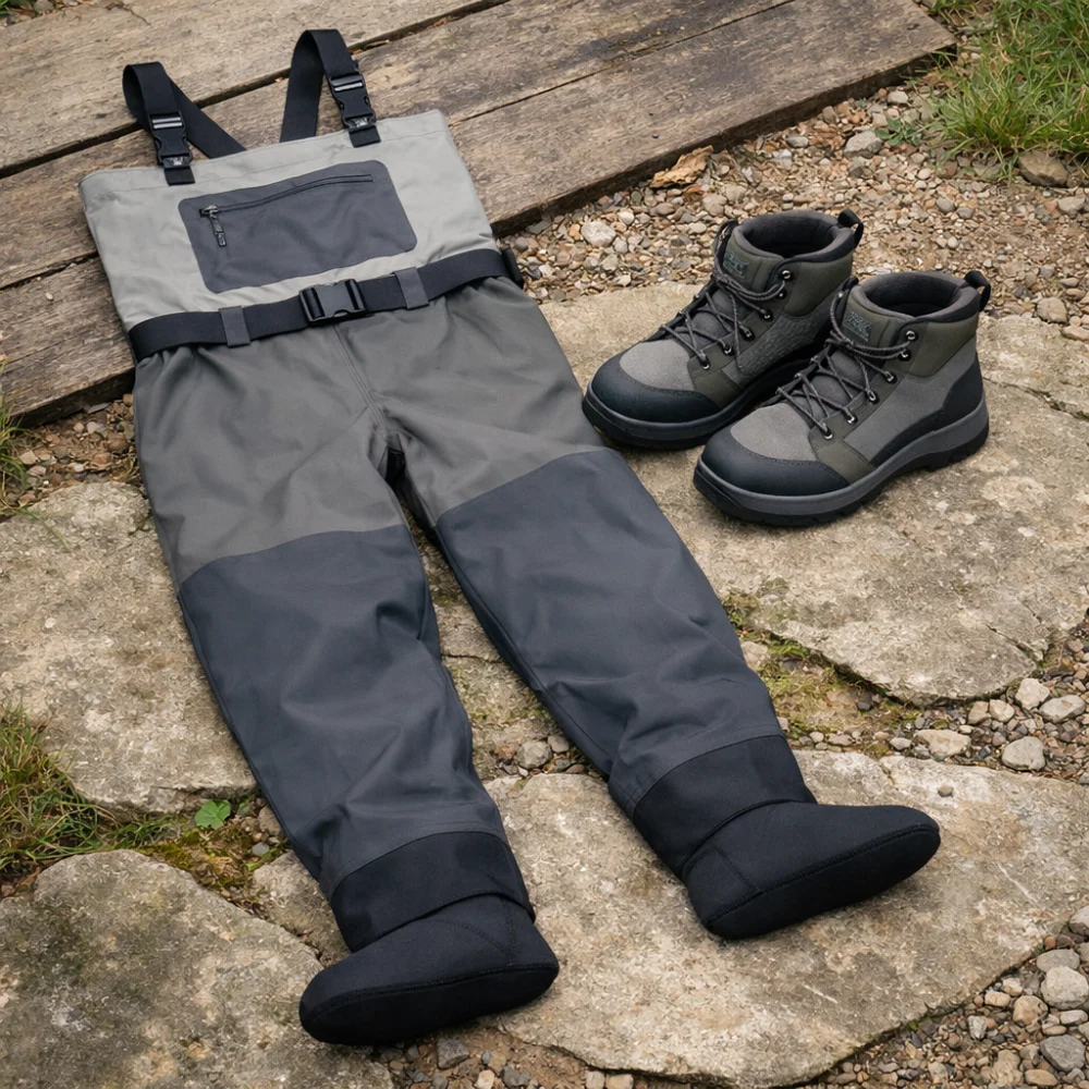 Fishing waders displayed with wading boots on a plain background.