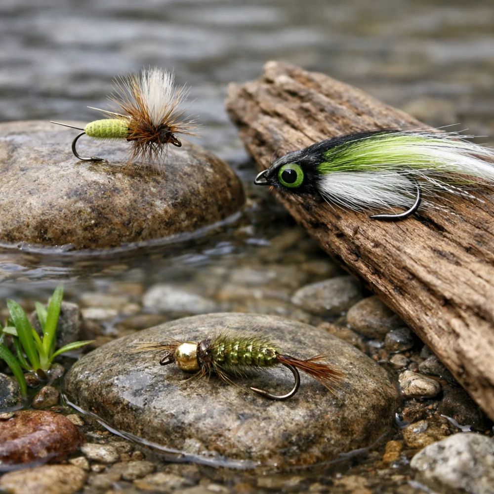 Three generic fly fishing flies showing different pattern styles