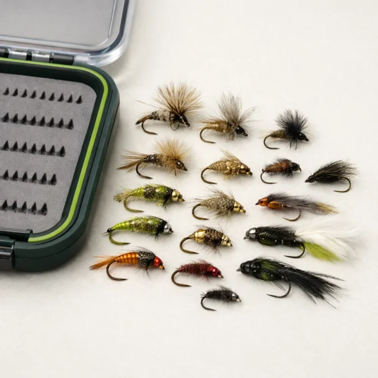Assorted fly fishing flies arranged beside a fly box