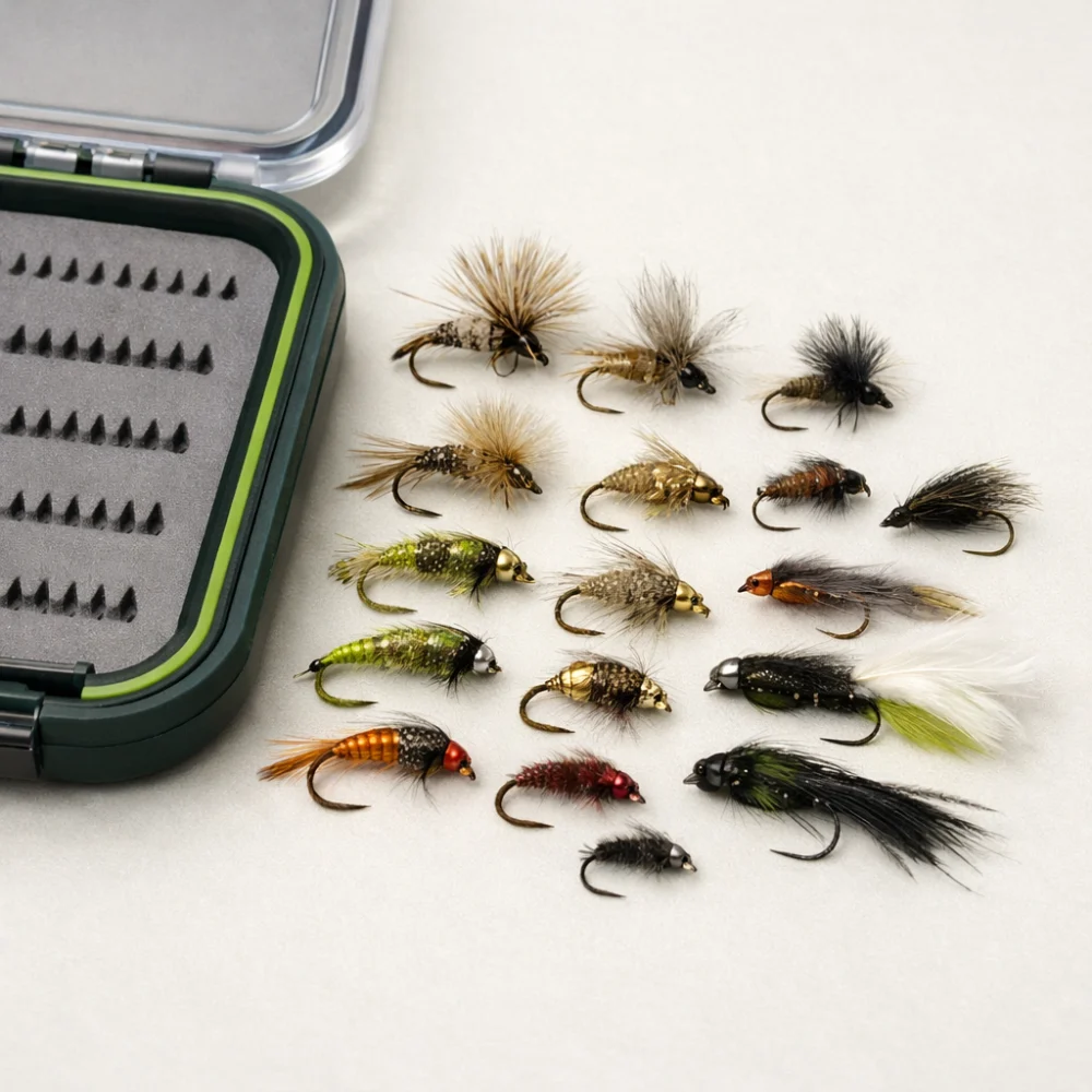 Assorted fly fishing flies arranged beside a fly box