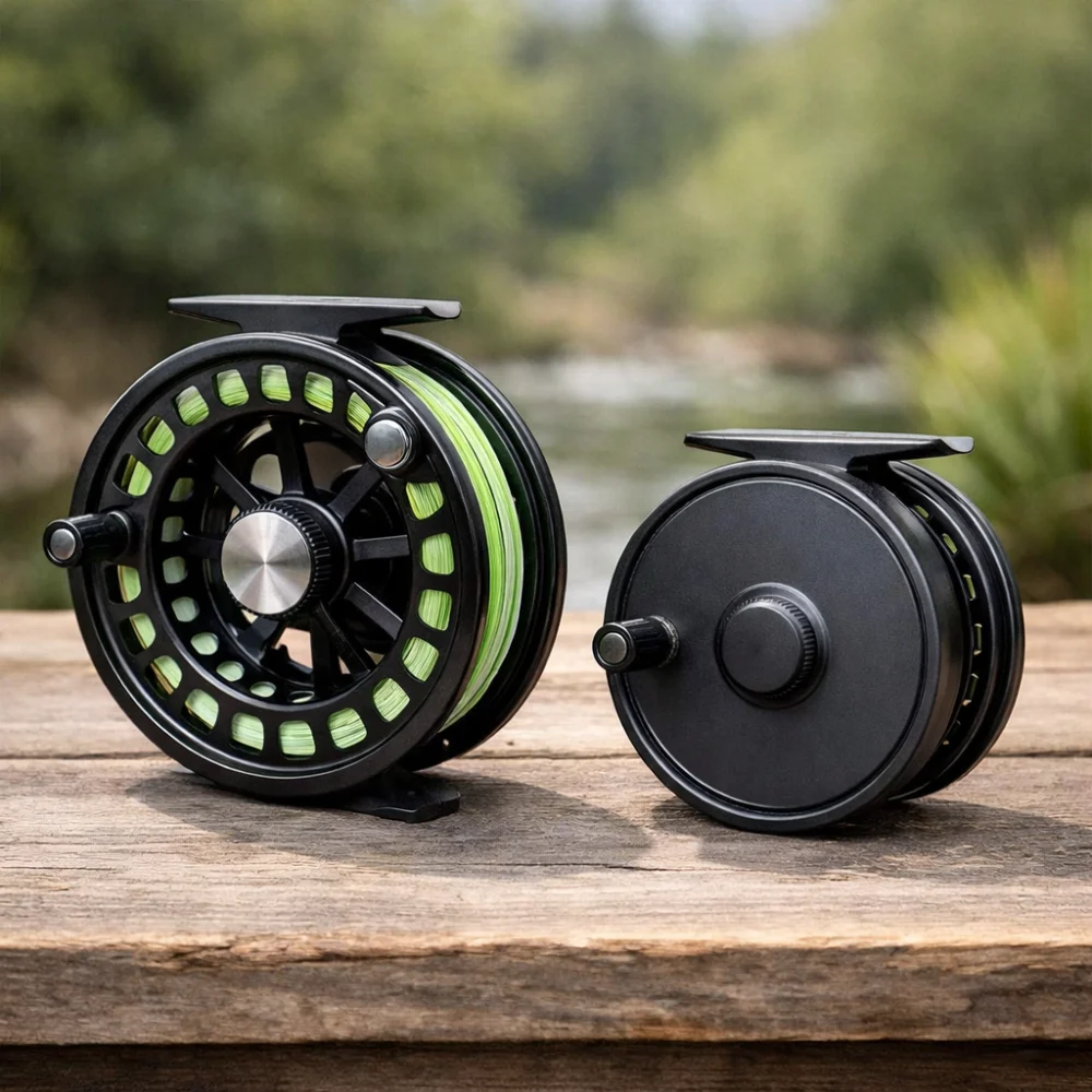 Two generic fly fishing reels compared side by side