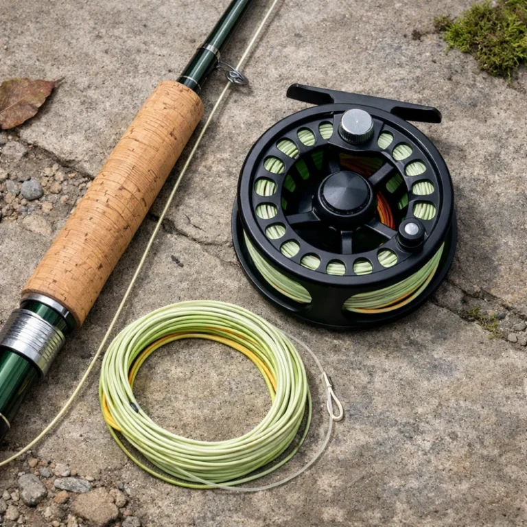 Fly fishing reel shown with a rod section and line on a neutral background