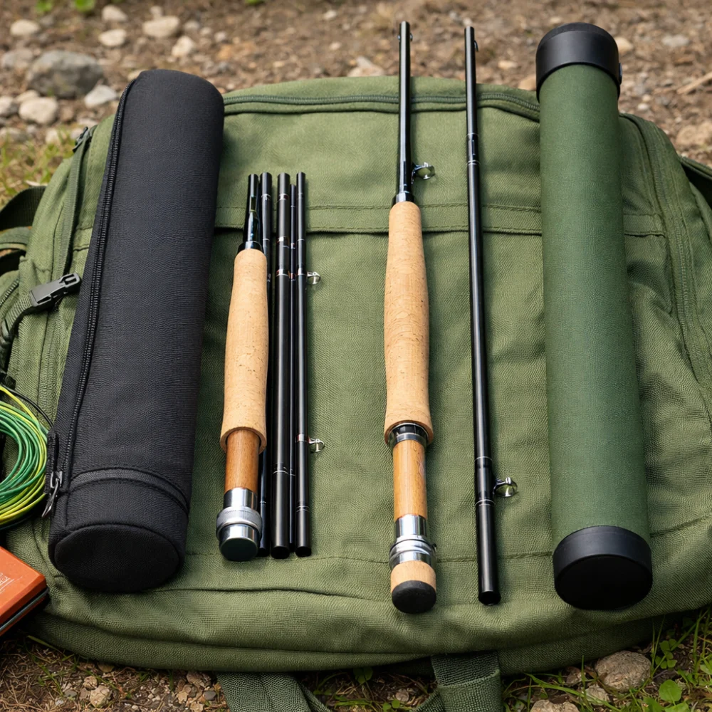 Two fly rod sections arranged to show different lengths and pack-down styles.