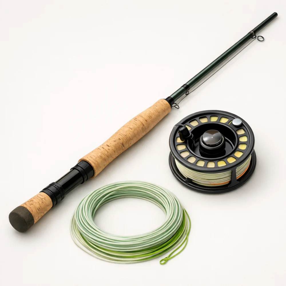 A fly fishing rod with reel and line on a plain neutral background.