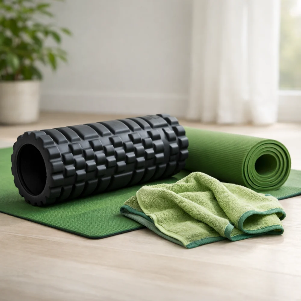 A foam roller beside a yoga mat and towel in a simple recovery setup