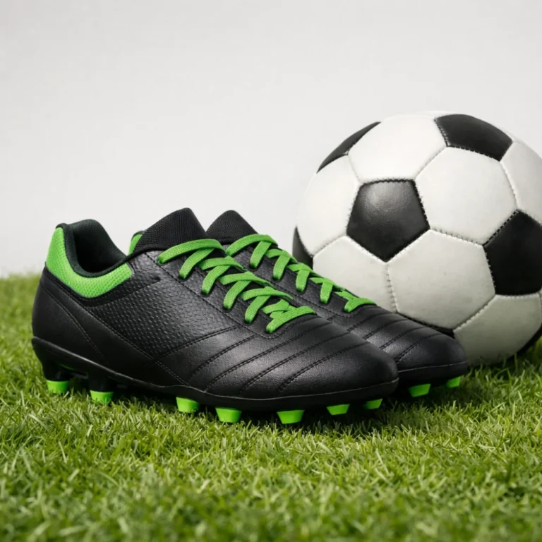 Generic football boots beside a football on grass