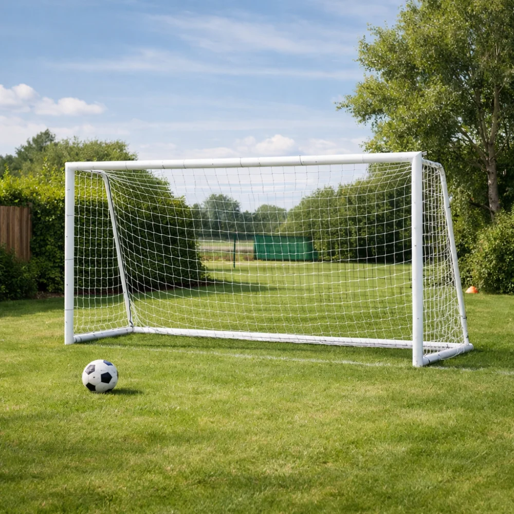 A football goal set up outdoors in a garden-style space