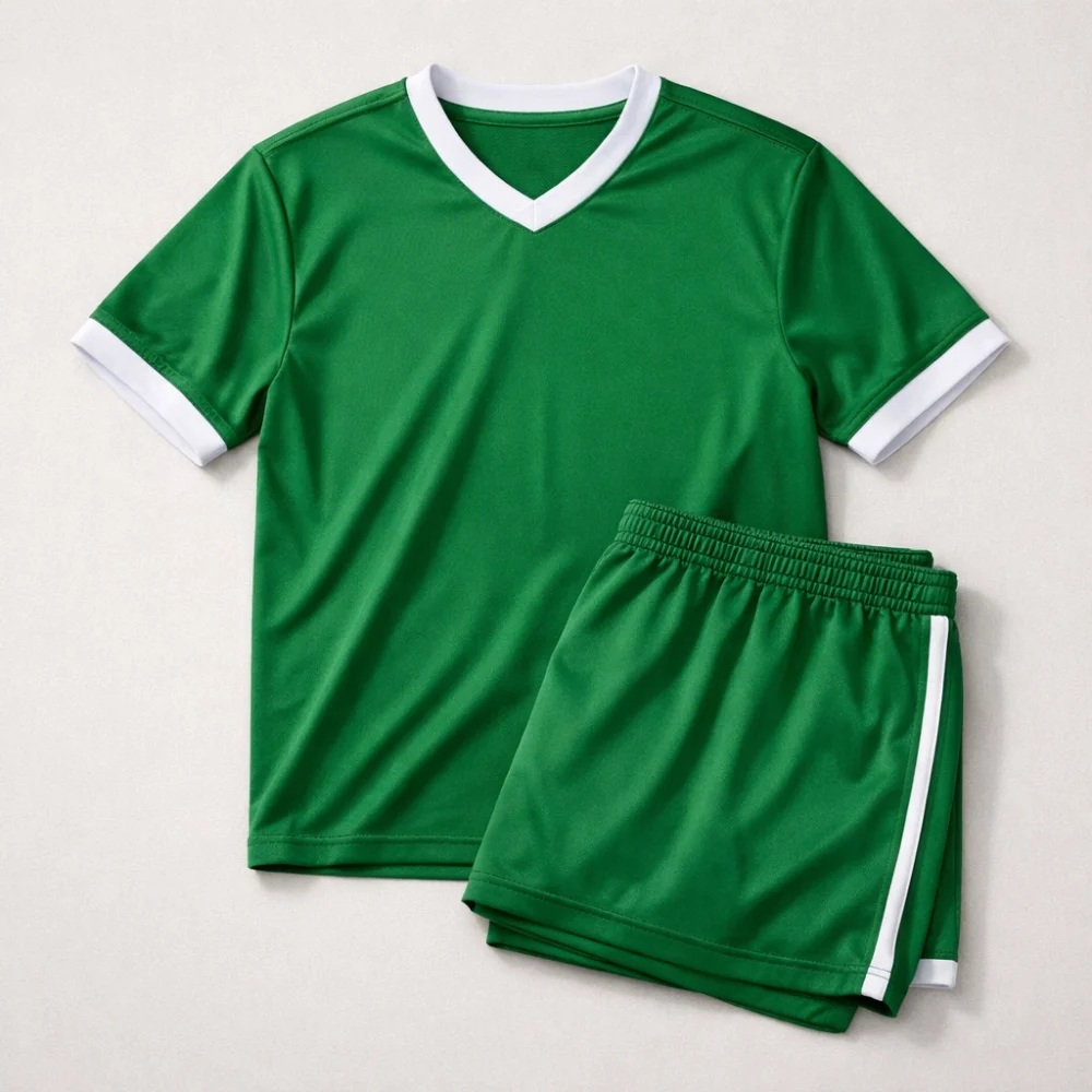 A plain football jersey and matching shorts folded on a neutral background