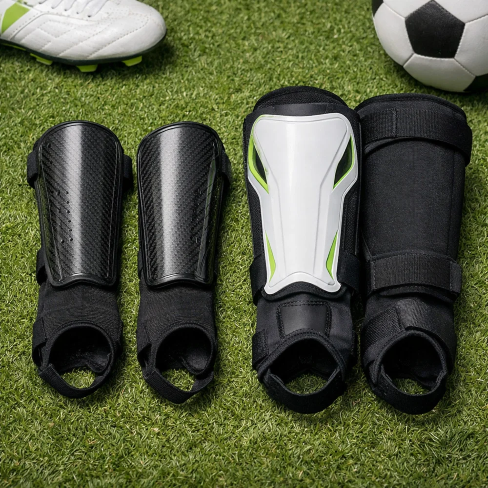 Two football shin pad styles compared side by side