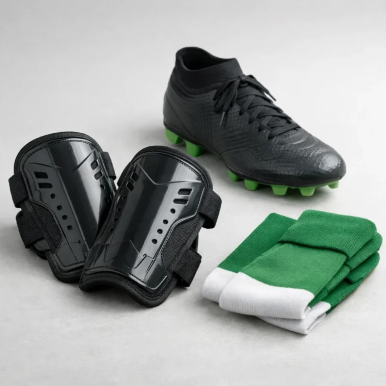 Football shin pads with a boot and socks on a plain background
