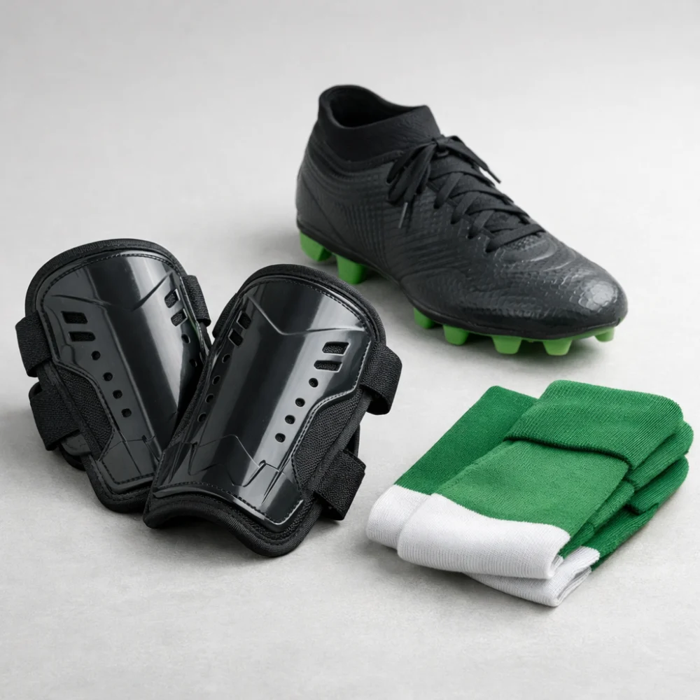 Football shin pads with a boot and socks on a plain background