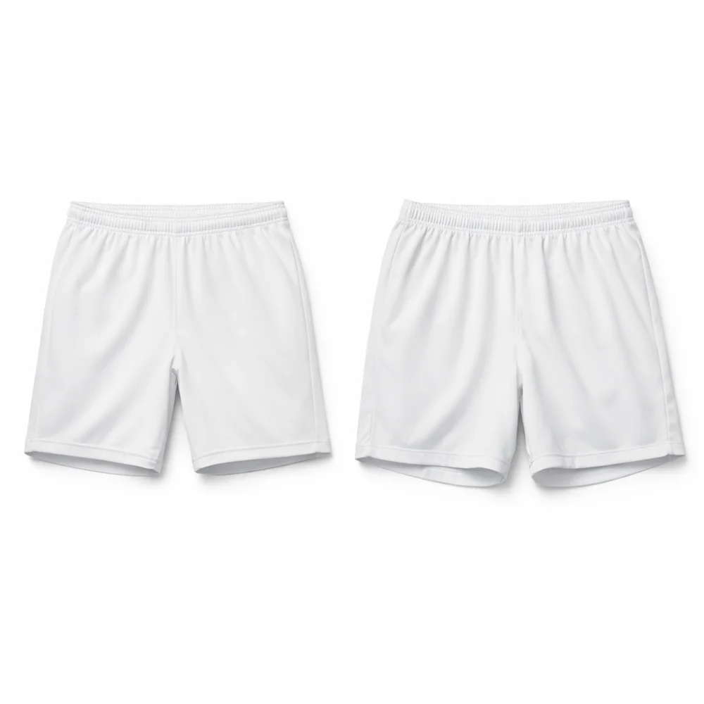 Two unbranded football shorts showing different fits side by side
