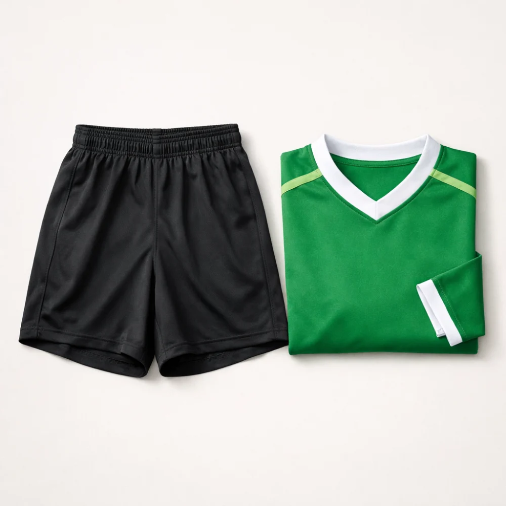 Plain football shorts laid flat on a neutral background